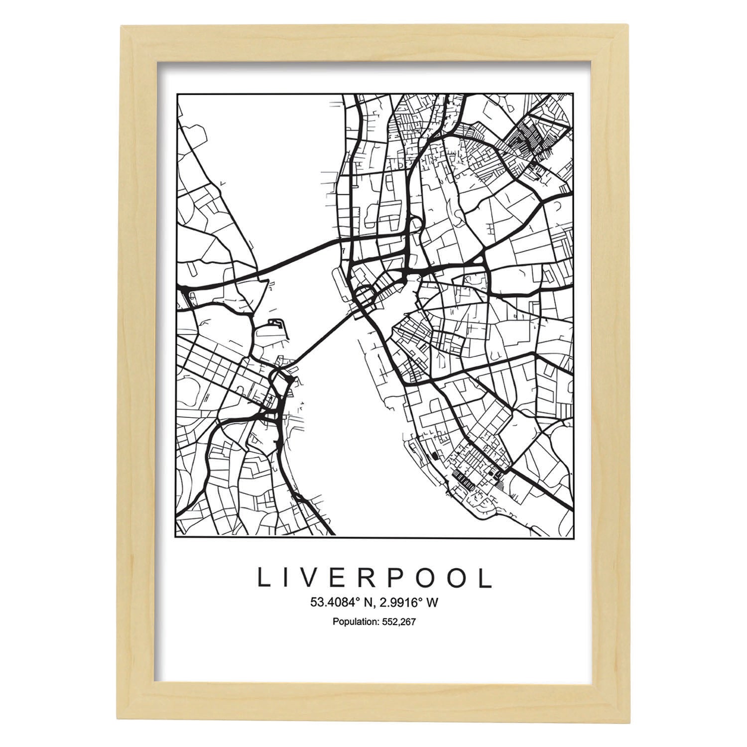Lámina mapa de la ciudad Liverpool estilo nordico en blanco y negro.-Artwork-Nacnic-A3-Marco Madera clara-Nacnic Estudio SL