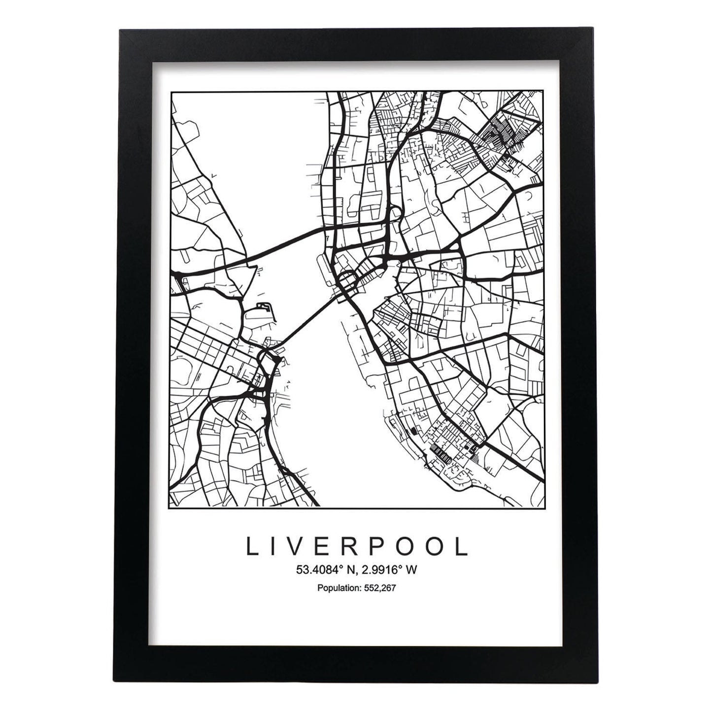 Lámina mapa de la ciudad Liverpool estilo nordico en blanco y negro.-Artwork-Nacnic-A3-Marco Negro-Nacnic Estudio SL