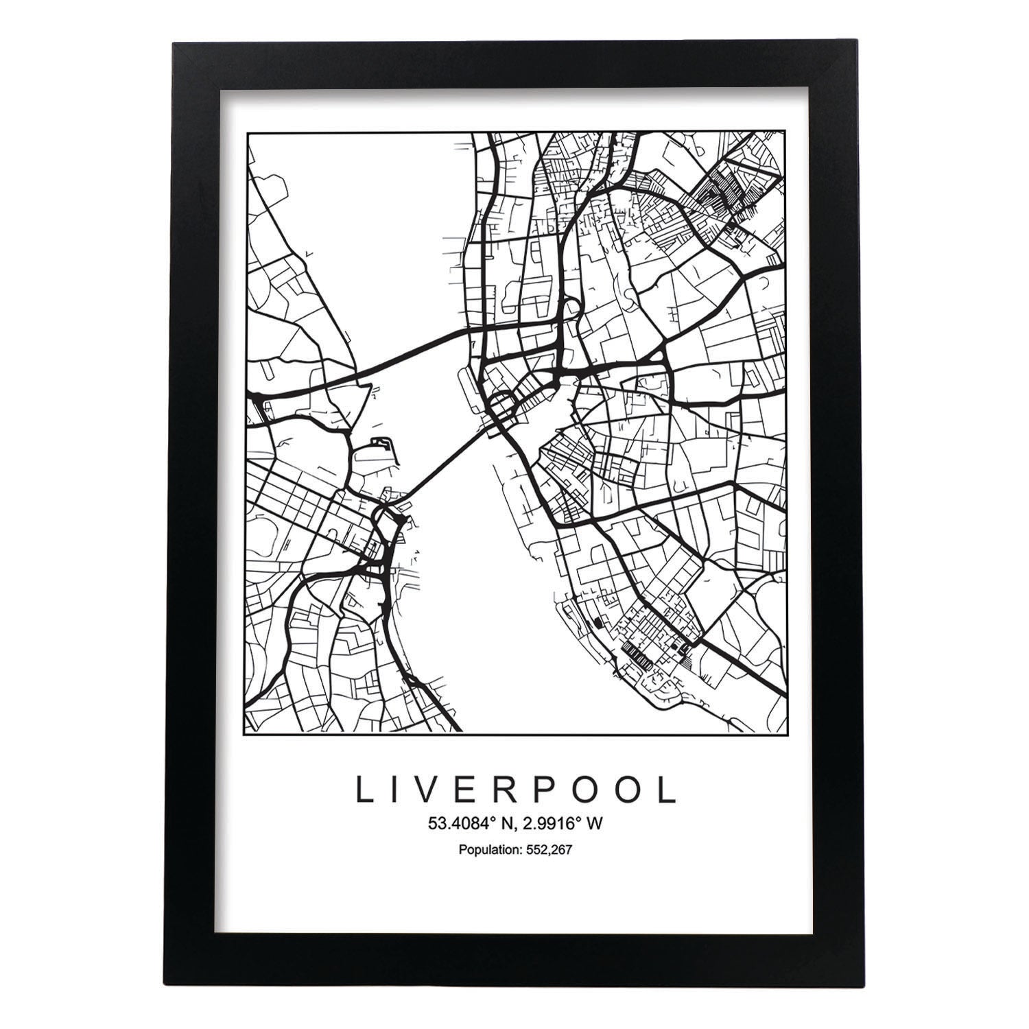 Lámina mapa de la ciudad Liverpool estilo nordico en blanco y negro.-Artwork-Nacnic-A4-Marco Negro-Nacnic Estudio SL