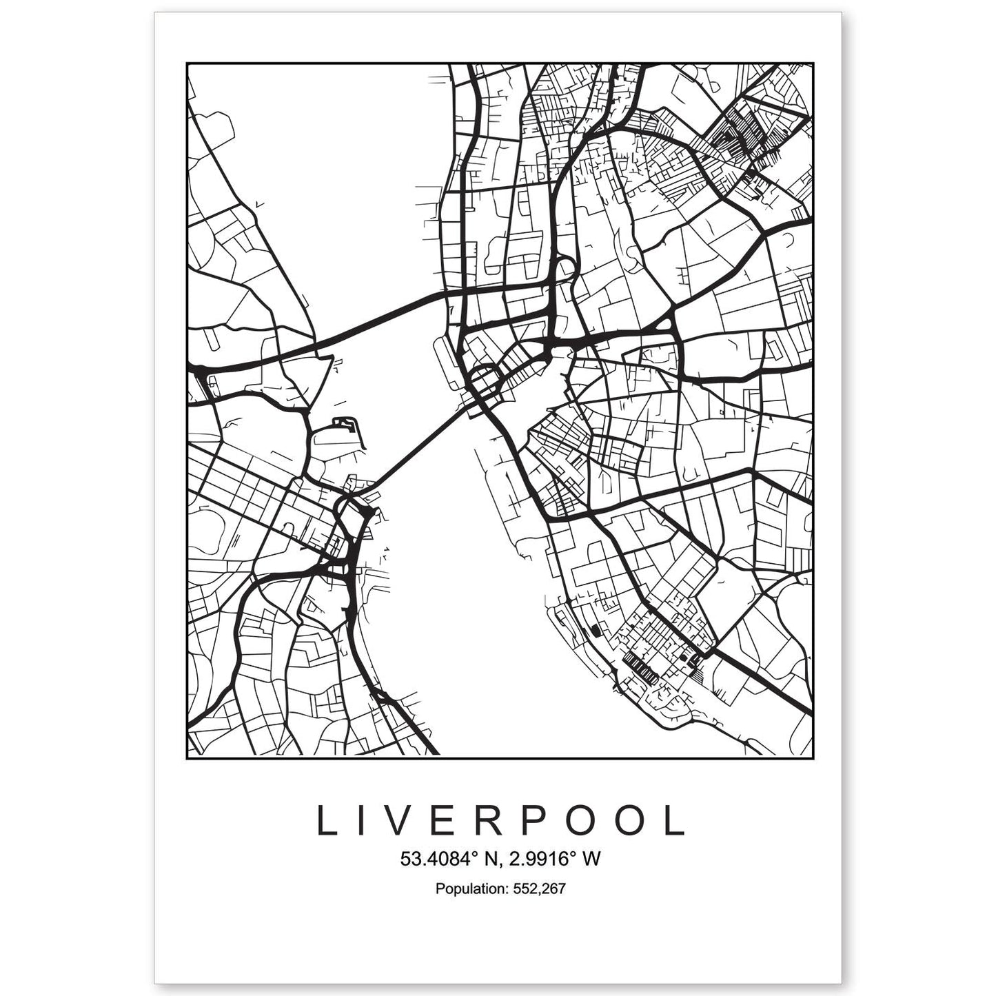 Lámina mapa de la ciudad Liverpool estilo nordico en blanco y negro.-Artwork-Nacnic-A4-Sin marco-Nacnic Estudio SL