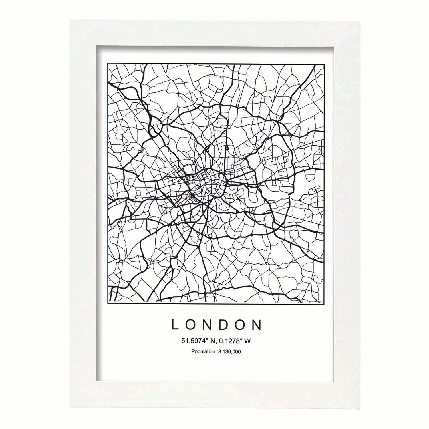 Lámina mapa de la ciudad London estilo nordico en blanco y negro.-Artwork-Nacnic-A3-Marco Blanco-Nacnic Estudio SL
