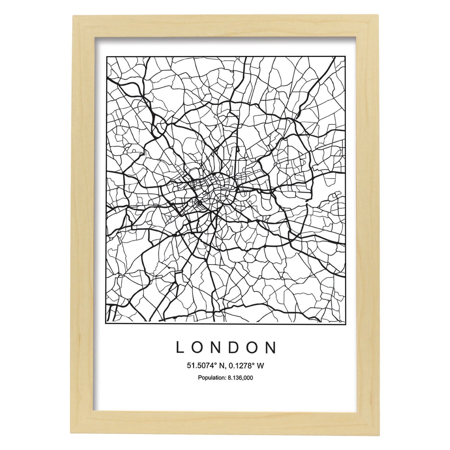 Lámina mapa de la ciudad London estilo nordico en blanco y negro.-Artwork-Nacnic-A3-Marco Madera clara-Nacnic Estudio SL