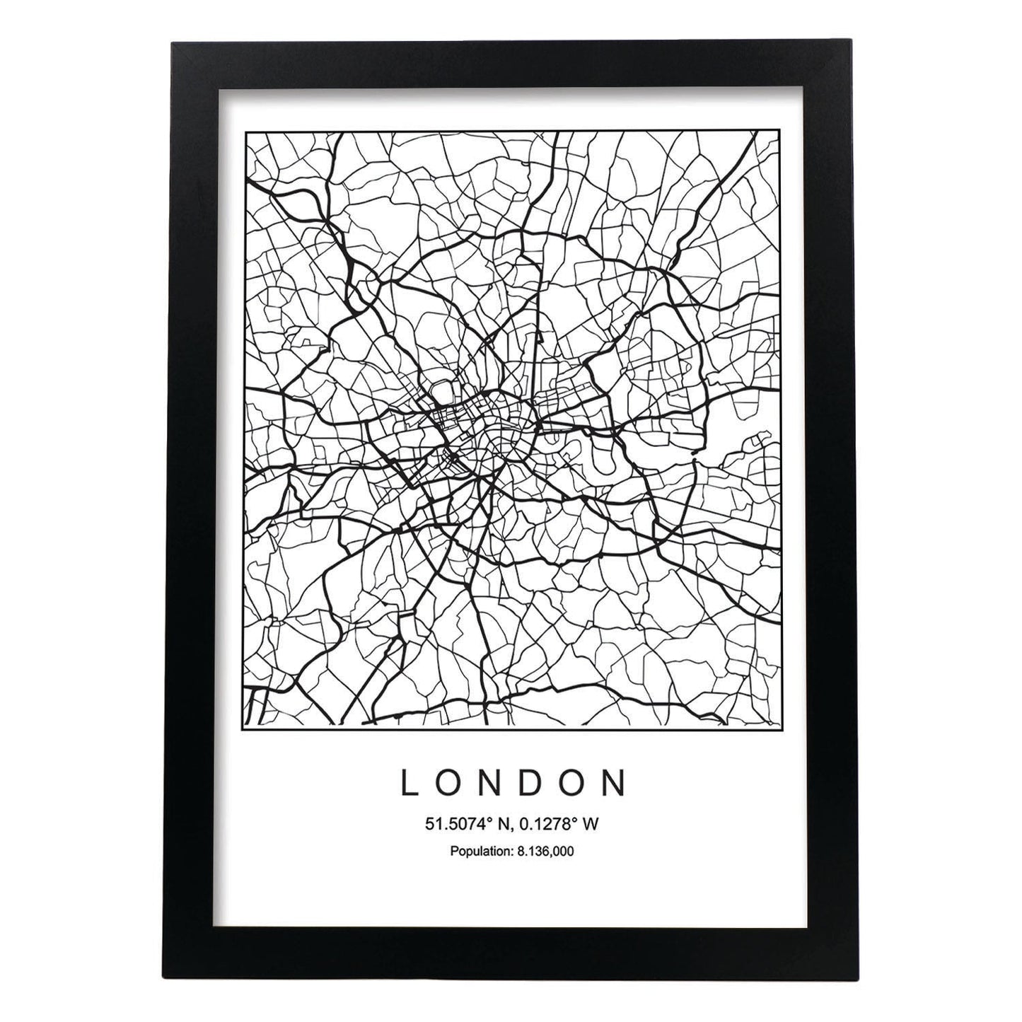 Lámina mapa de la ciudad London estilo nordico en blanco y negro.-Artwork-Nacnic-A3-Marco Negro-Nacnic Estudio SL
