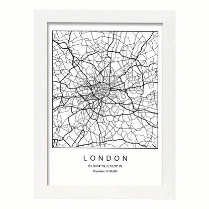 Lámina mapa de la ciudad London estilo nordico en blanco y negro.-Artwork-Nacnic-A4-Marco Blanco-Nacnic Estudio SL