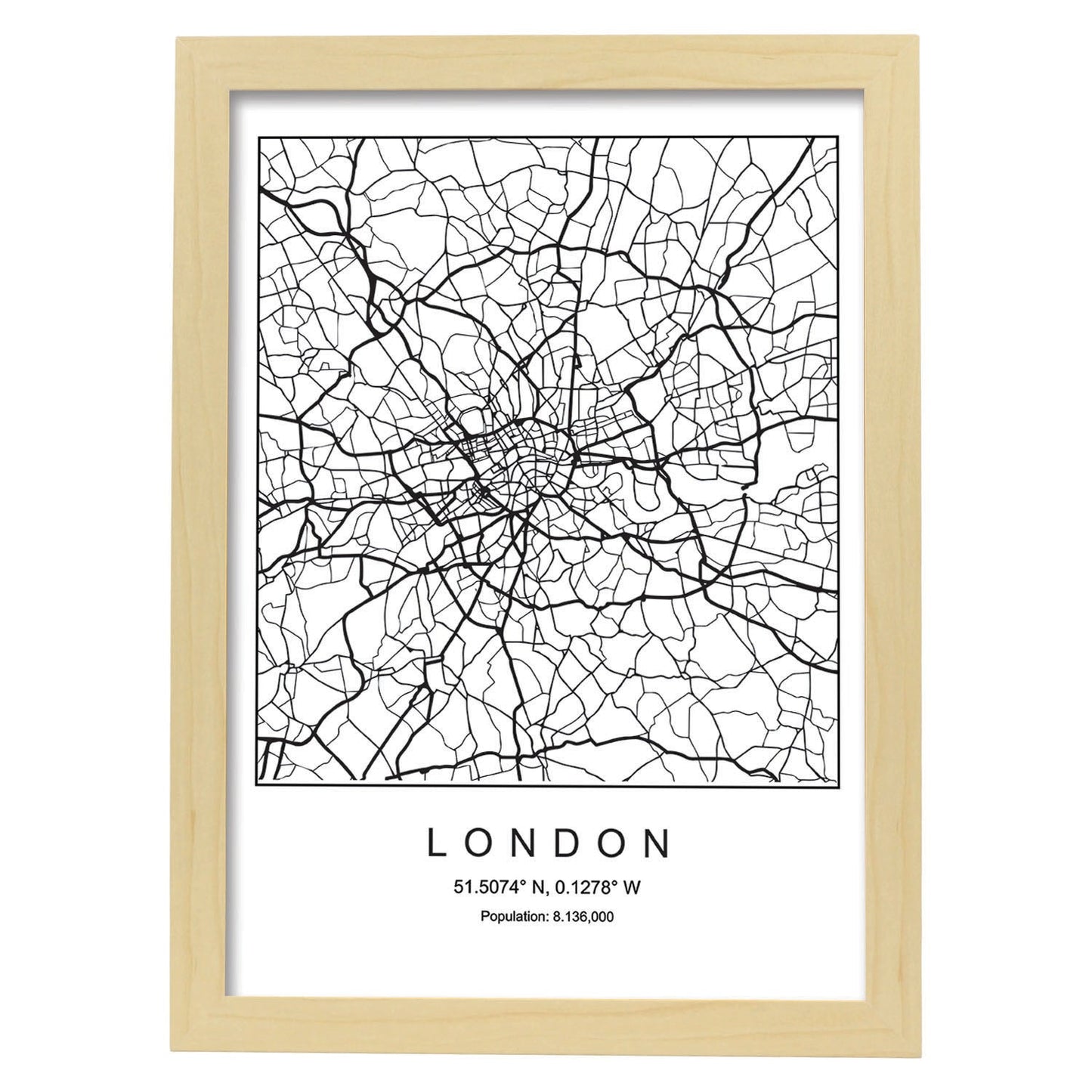 Lámina mapa de la ciudad London estilo nordico en blanco y negro.-Artwork-Nacnic-A4-Marco Madera clara-Nacnic Estudio SL
