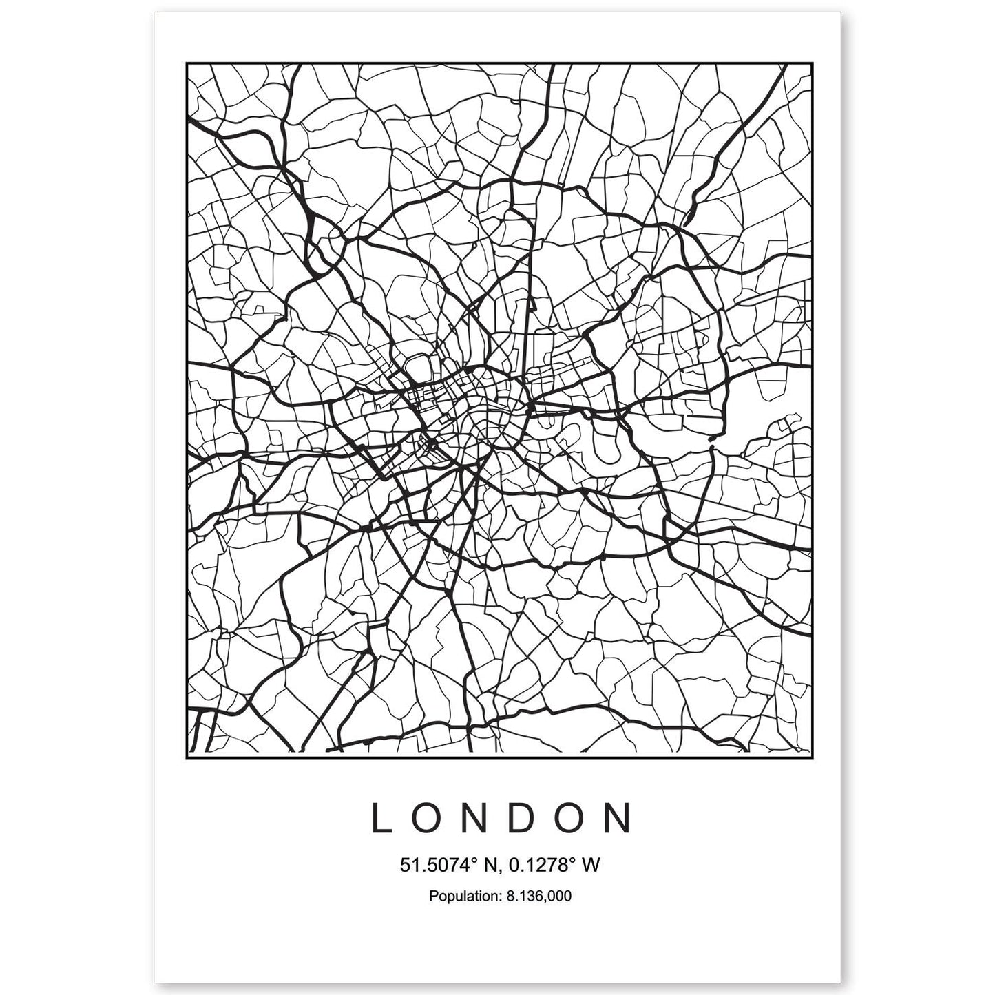 Lámina mapa de la ciudad London estilo nordico en blanco y negro.-Artwork-Nacnic-A4-Sin marco-Nacnic Estudio SL