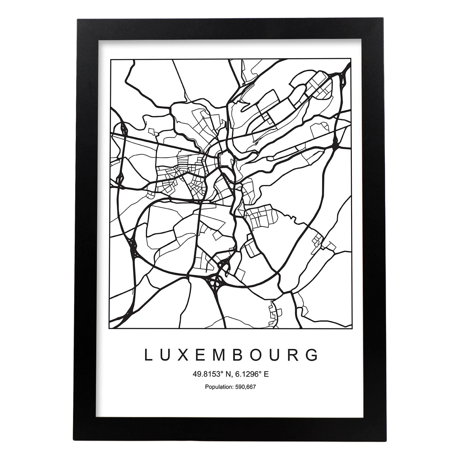 Lámina mapa de la ciudad Luxembourg estilo nordico en blanco y negro.-Artwork-Nacnic-A3-Marco Negro-Nacnic Estudio SL