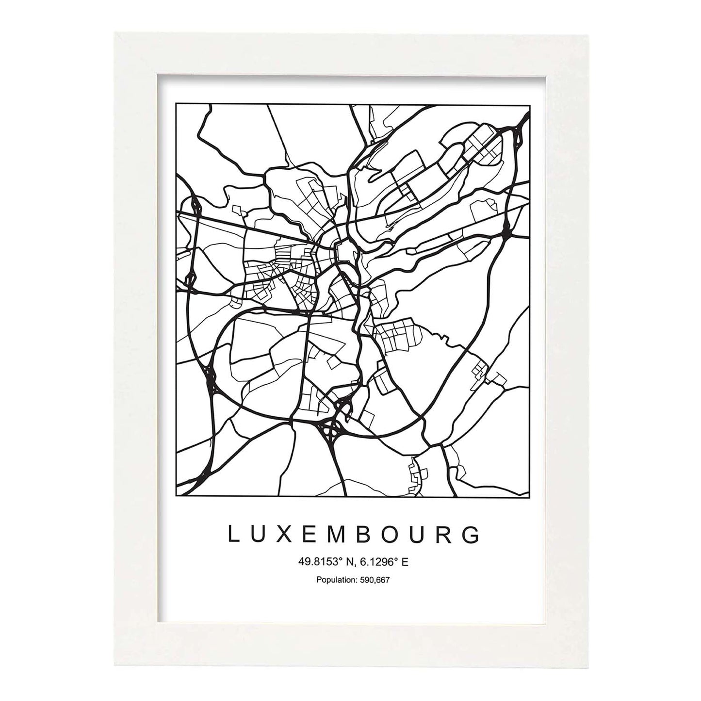 Lámina mapa de la ciudad Luxembourg estilo nordico en blanco y negro.-Artwork-Nacnic-A4-Marco Blanco-Nacnic Estudio SL