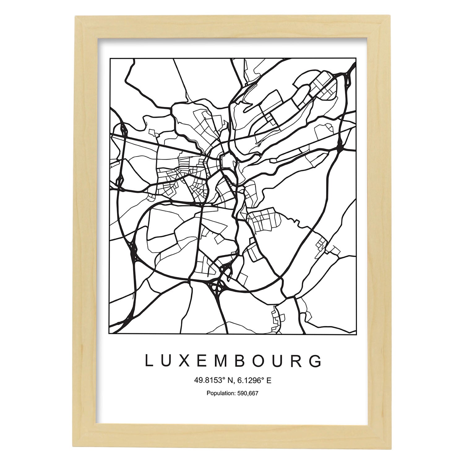 Lámina mapa de la ciudad Luxembourg estilo nordico en blanco y negro.-Artwork-Nacnic-A4-Marco Madera clara-Nacnic Estudio SL