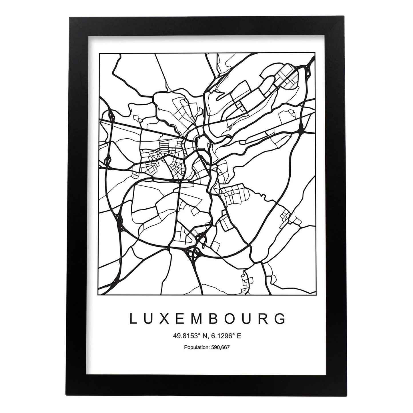 Lámina mapa de la ciudad Luxembourg estilo nordico en blanco y negro.-Artwork-Nacnic-A4-Marco Negro-Nacnic Estudio SL