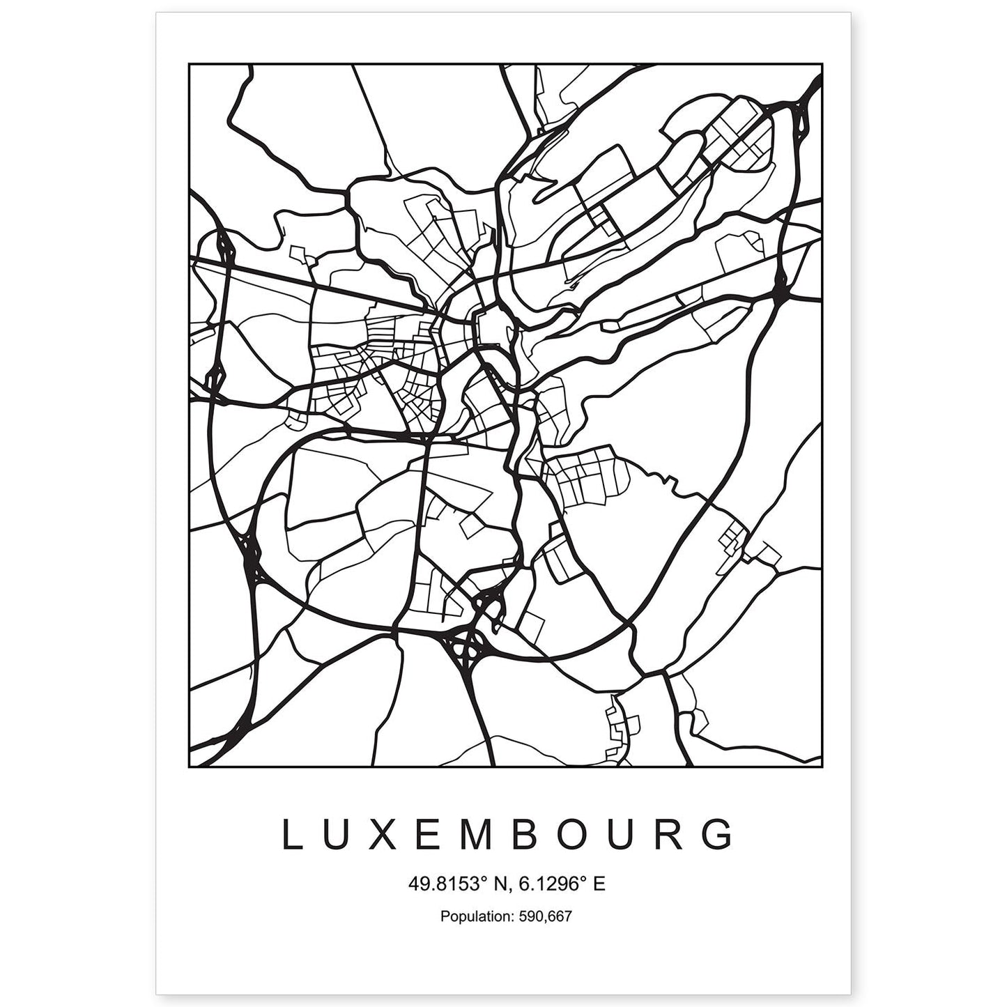 Lámina mapa de la ciudad Luxembourg estilo nordico en blanco y negro.-Artwork-Nacnic-A4-Sin marco-Nacnic Estudio SL