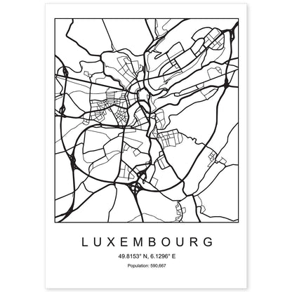 Lámina mapa de la ciudad Luxembourg estilo nordico en blanco y negro.-Artwork-Nacnic-A4-Sin marco-Nacnic Estudio SL