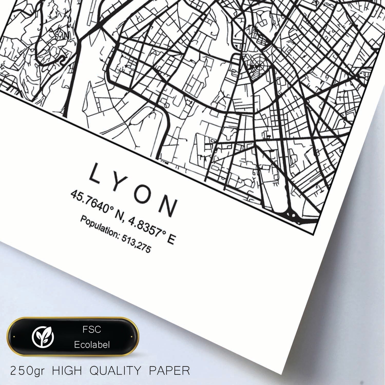 Lámina mapa de la ciudad Lyon estilo nordico en blanco y negro.-Artwork-Nacnic-Nacnic Estudio SL