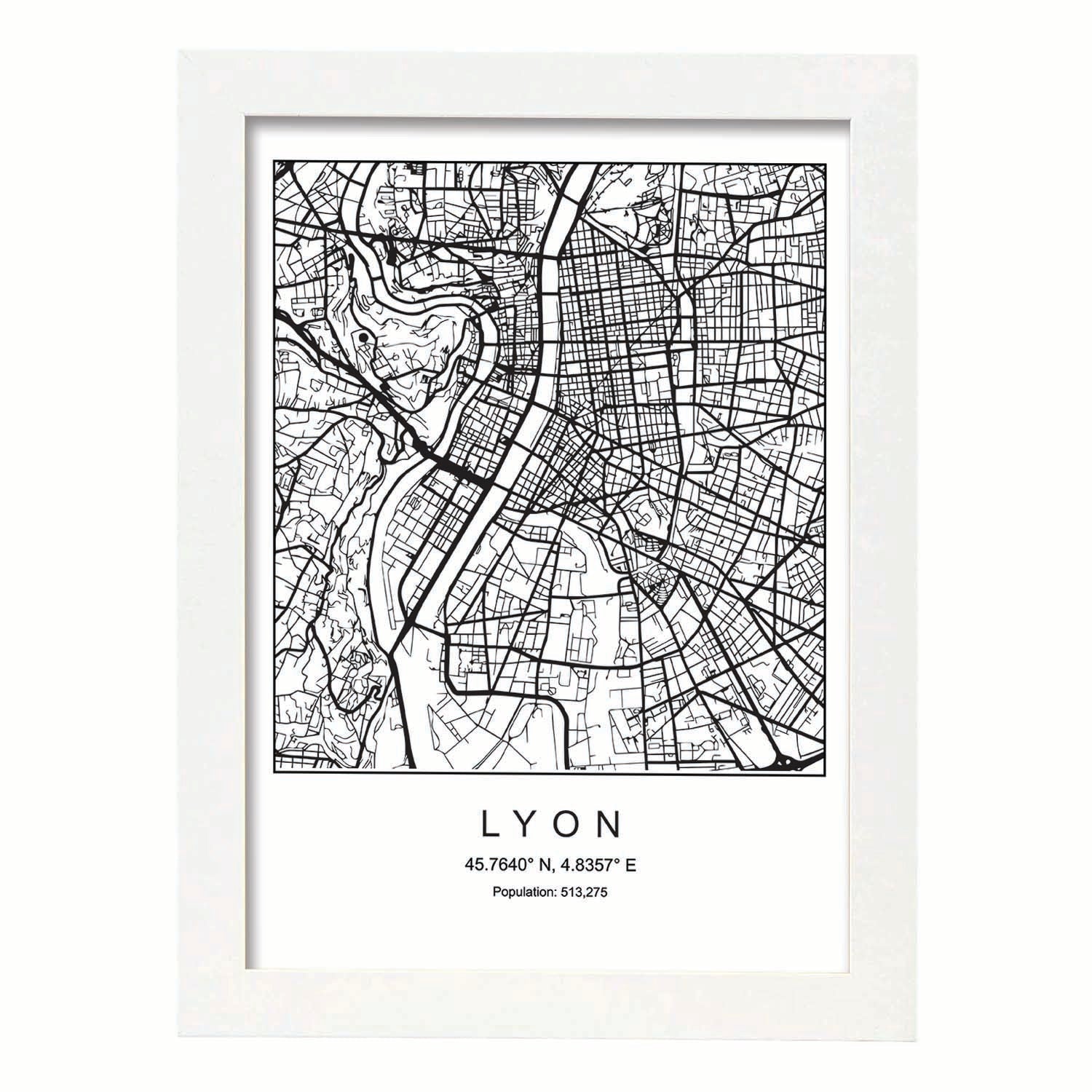 Lámina mapa de la ciudad Lyon estilo nordico en blanco y negro.-Artwork-Nacnic-A3-Marco Blanco-Nacnic Estudio SL