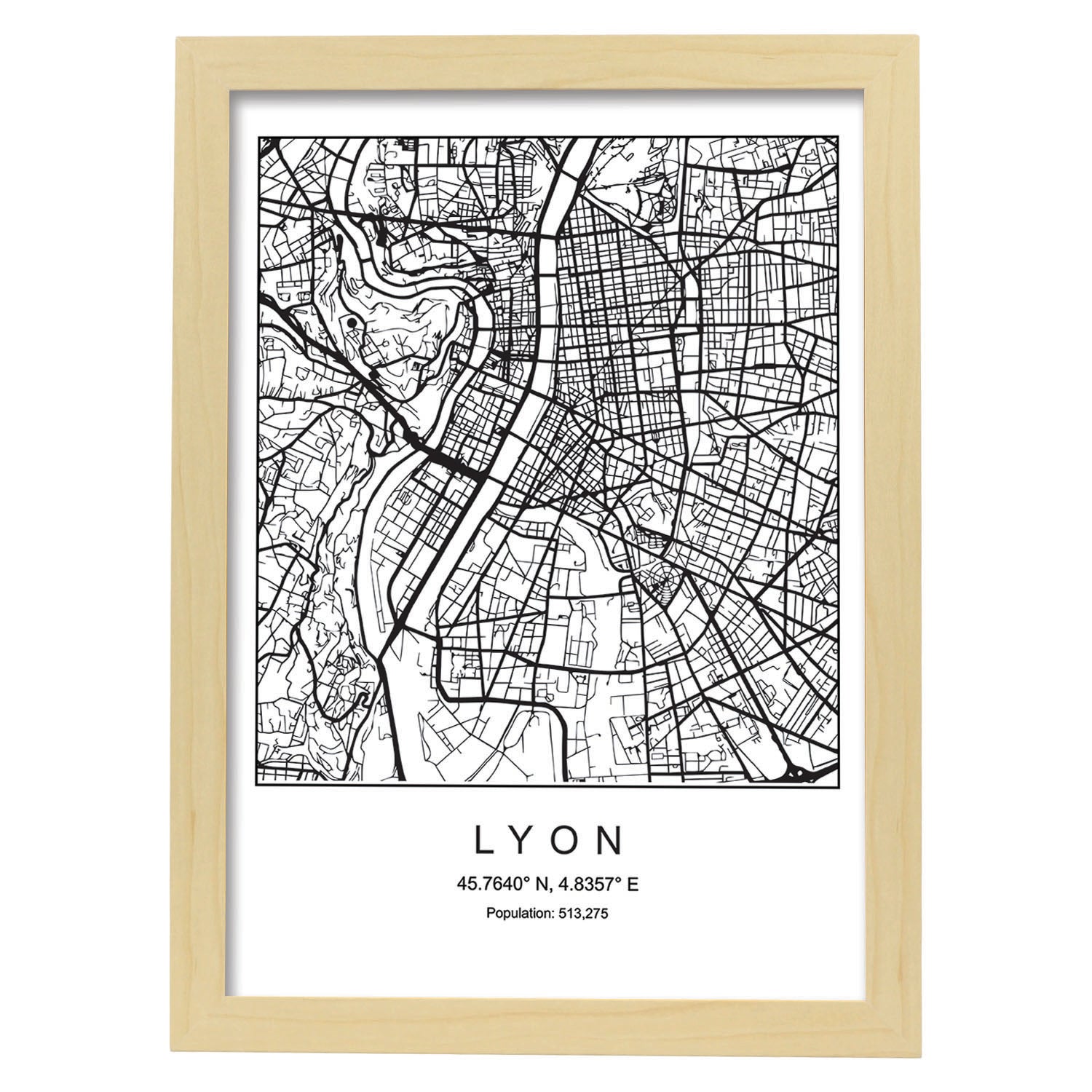 Lámina mapa de la ciudad Lyon estilo nordico en blanco y negro.-Artwork-Nacnic-A3-Marco Madera clara-Nacnic Estudio SL