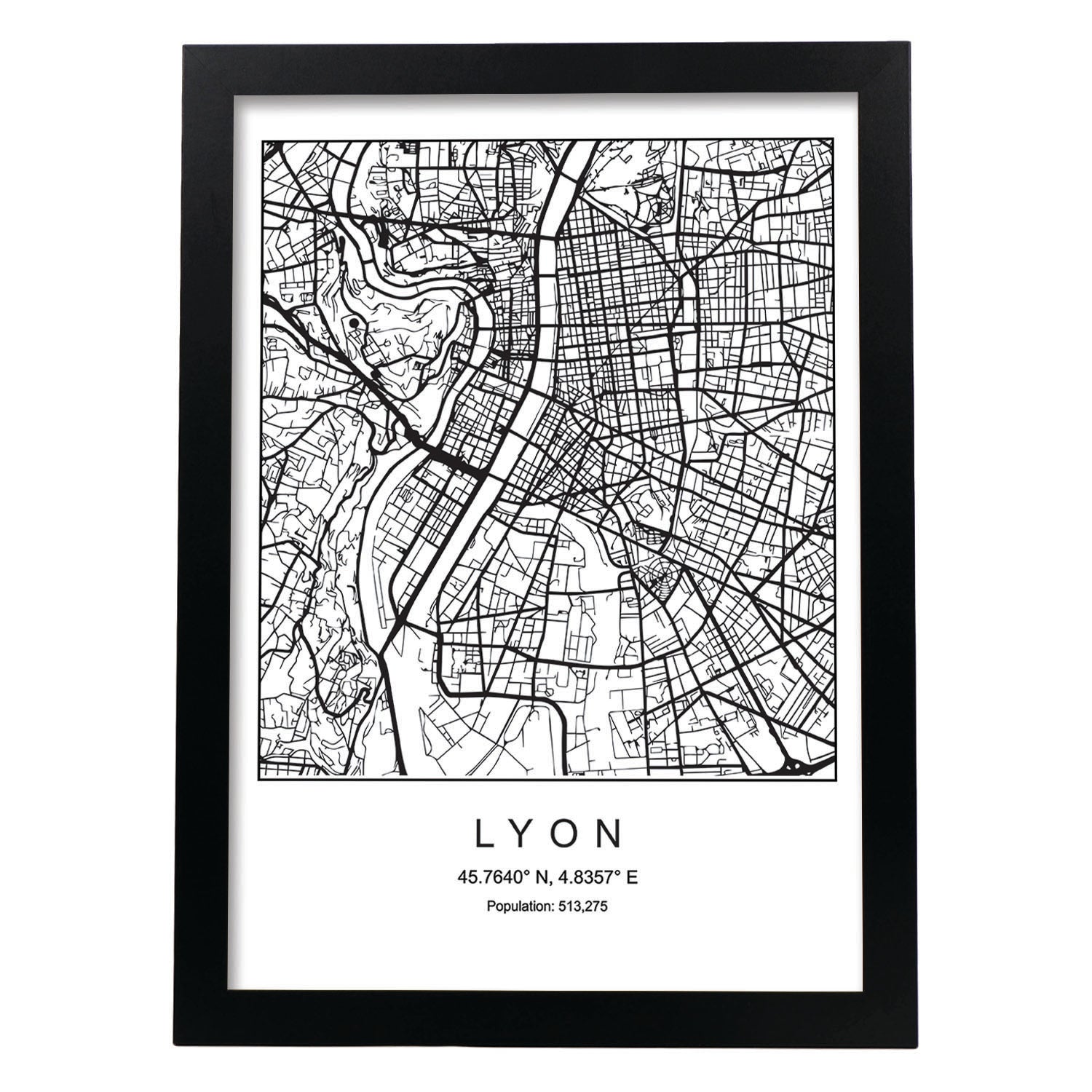Lámina mapa de la ciudad Lyon estilo nordico en blanco y negro.-Artwork-Nacnic-A3-Marco Negro-Nacnic Estudio SL
