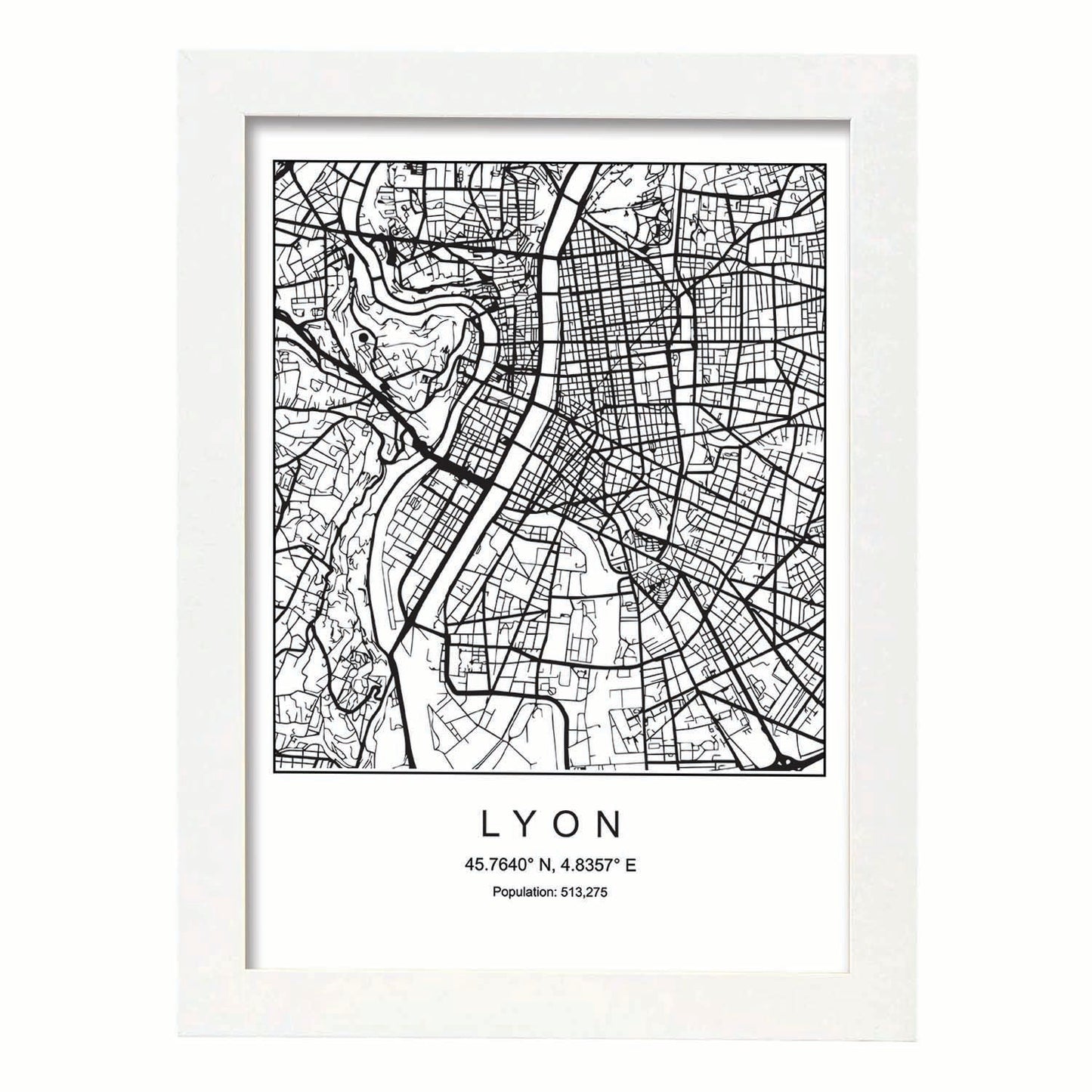 Lámina mapa de la ciudad Lyon estilo nordico en blanco y negro.-Artwork-Nacnic-A4-Marco Blanco-Nacnic Estudio SL