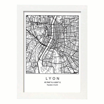 Lámina mapa de la ciudad Lyon estilo nordico en blanco y negro.-Artwork-Nacnic-A4-Marco Blanco-Nacnic Estudio SL