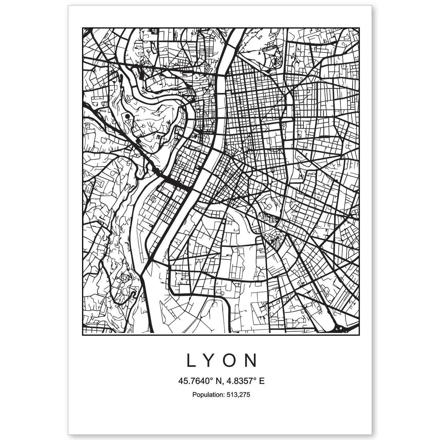 Lámina mapa de la ciudad Lyon estilo nordico en blanco y negro.-Artwork-Nacnic-A4-Sin marco-Nacnic Estudio SL
