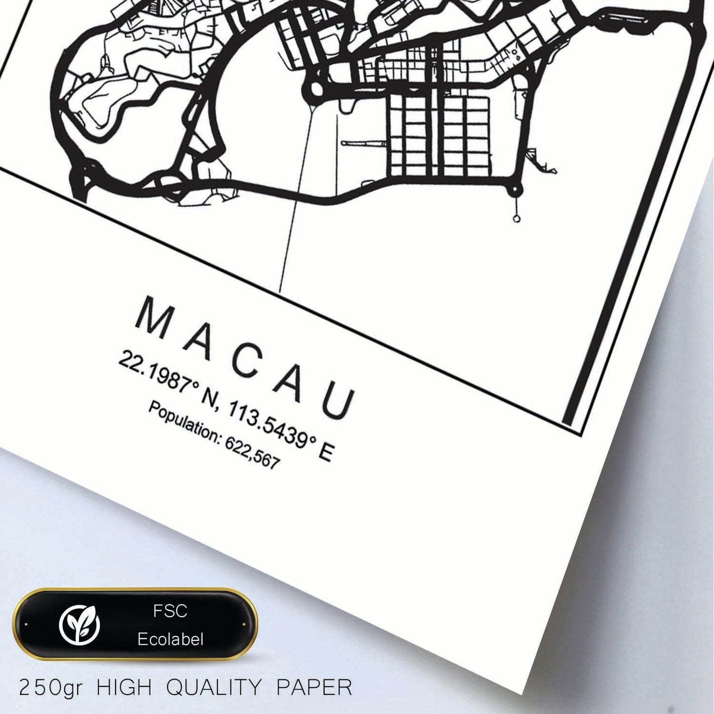 Lámina mapa de la ciudad Macau estilo nordico en blanco y negro.-Artwork-Nacnic-Nacnic Estudio SL