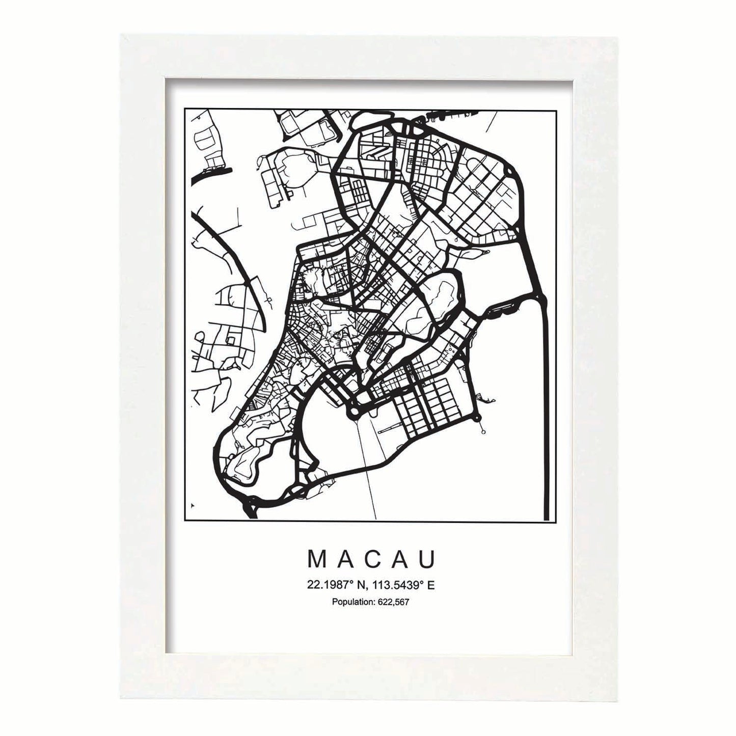 Lámina mapa de la ciudad Macau estilo nordico en blanco y negro.-Artwork-Nacnic-A3-Marco Blanco-Nacnic Estudio SL