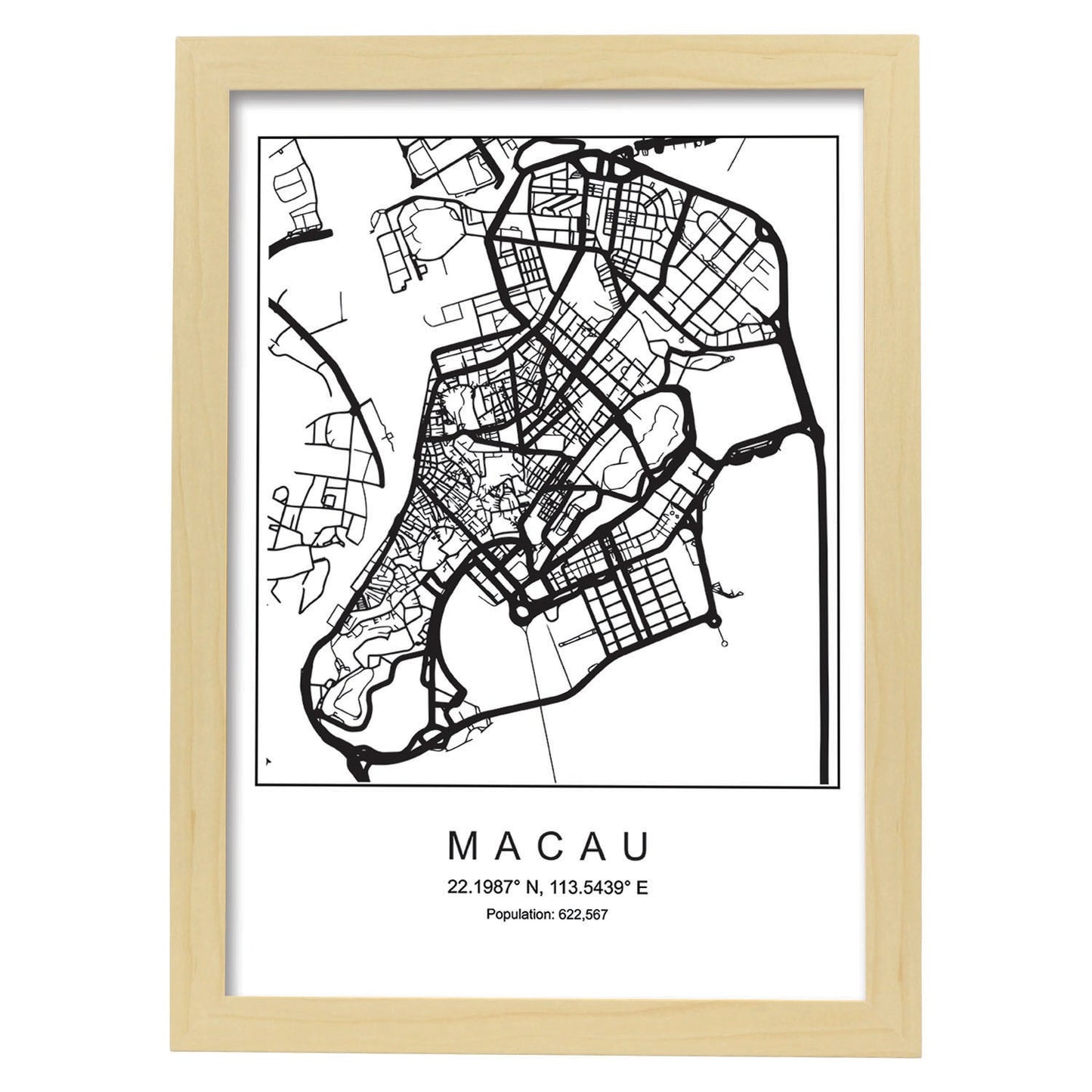 Lámina mapa de la ciudad Macau estilo nordico en blanco y negro.-Artwork-Nacnic-A3-Marco Madera clara-Nacnic Estudio SL