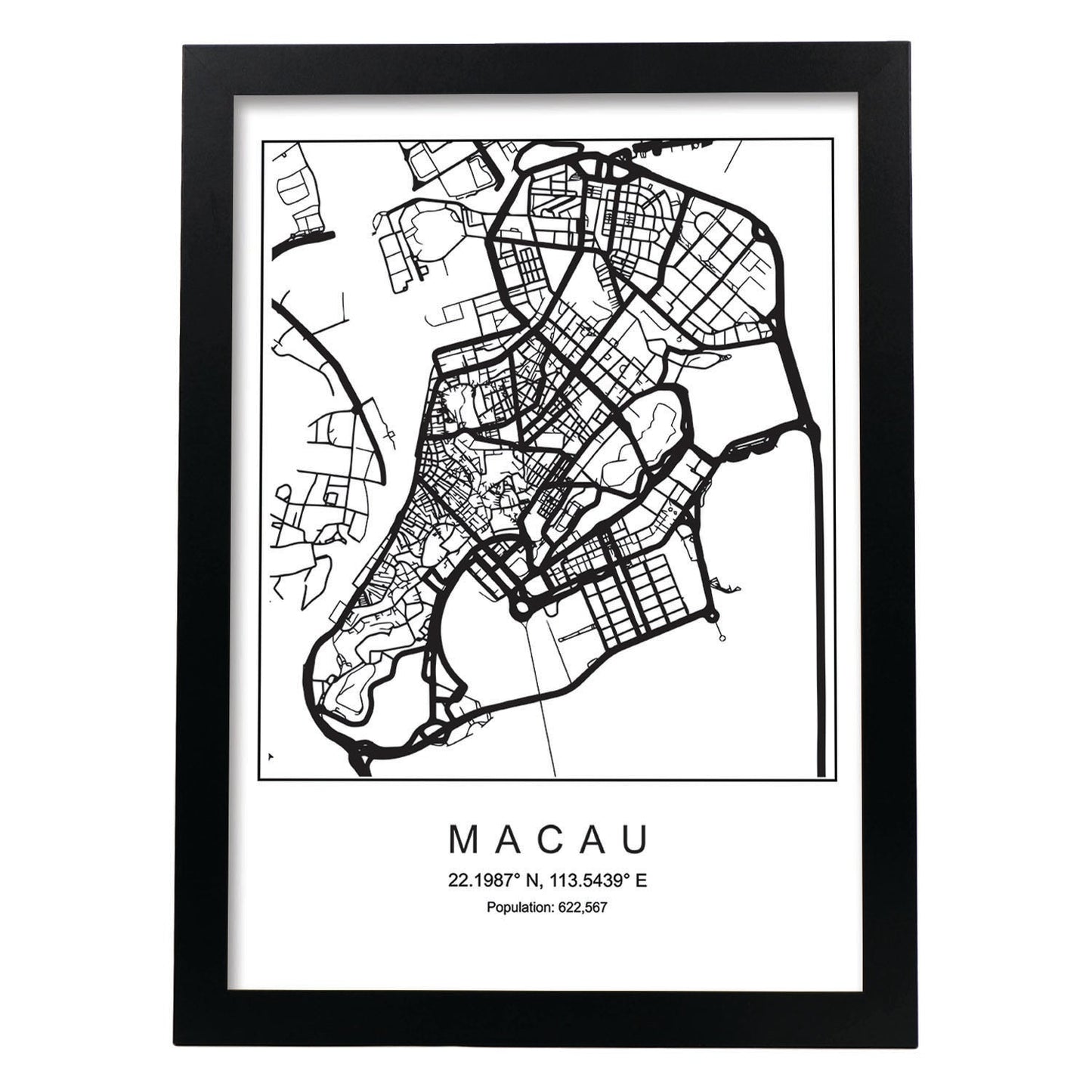 Lámina mapa de la ciudad Macau estilo nordico en blanco y negro.-Artwork-Nacnic-A3-Marco Negro-Nacnic Estudio SL