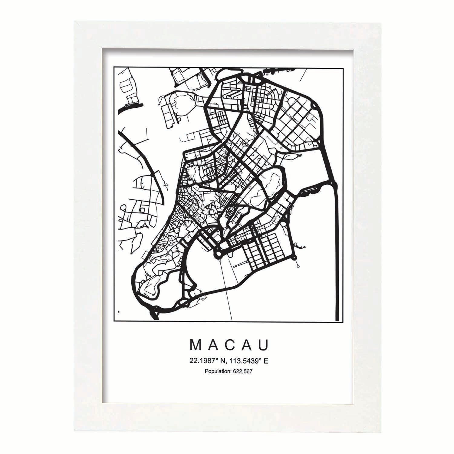 Lámina mapa de la ciudad Macau estilo nordico en blanco y negro.-Artwork-Nacnic-A4-Marco Blanco-Nacnic Estudio SL