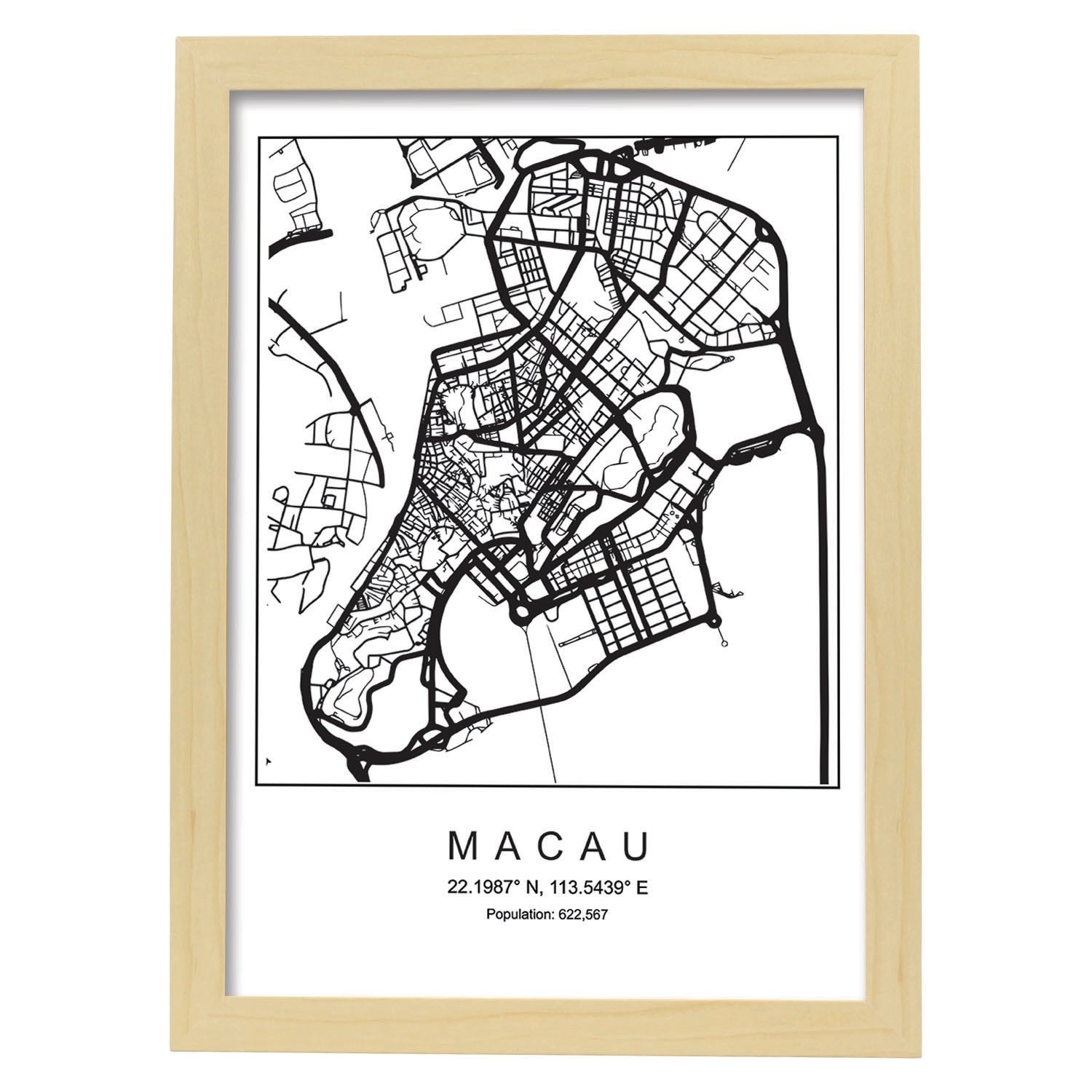 Lámina mapa de la ciudad Macau estilo nordico en blanco y negro.-Artwork-Nacnic-A4-Marco Madera clara-Nacnic Estudio SL