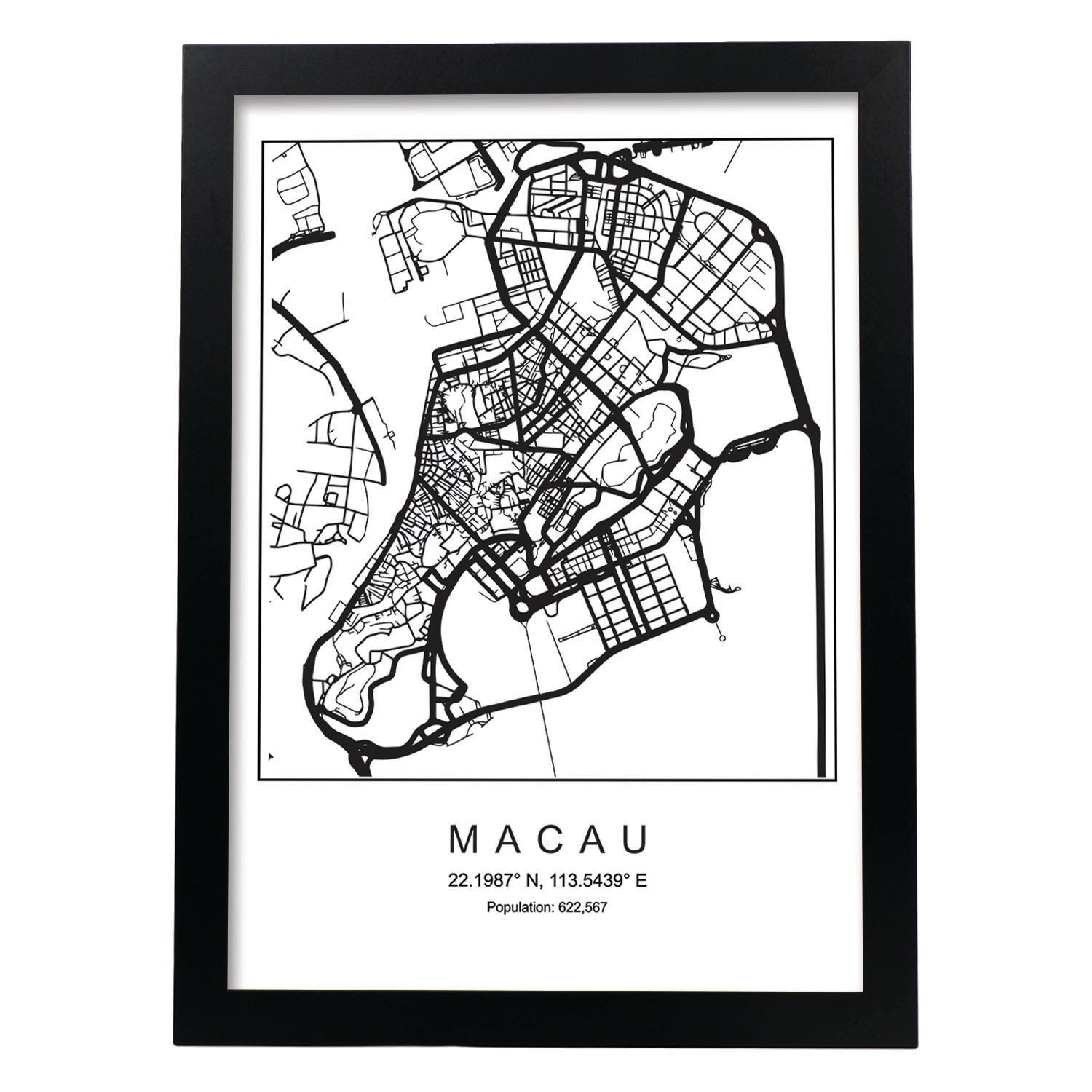 Lámina mapa de la ciudad Macau estilo nordico en blanco y negro.-Artwork-Nacnic-A4-Marco Negro-Nacnic Estudio SL