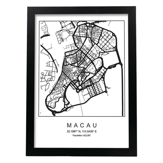 Lámina mapa de la ciudad Macau estilo nordico en blanco y negro.-Artwork-Nacnic-A4-Marco Negro-Nacnic Estudio SL