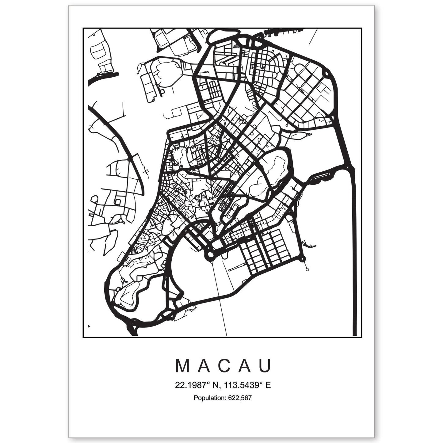 Lámina mapa de la ciudad Macau estilo nordico en blanco y negro.-Artwork-Nacnic-A4-Sin marco-Nacnic Estudio SL
