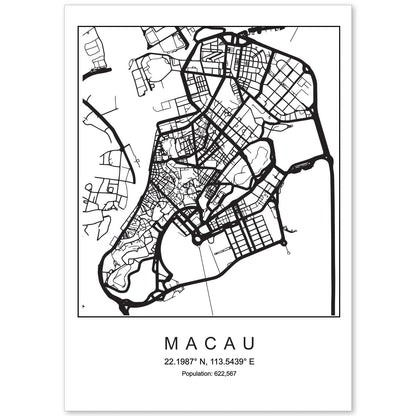 Lámina mapa de la ciudad Macau estilo nordico en blanco y negro.-Artwork-Nacnic-A4-Sin marco-Nacnic Estudio SL
