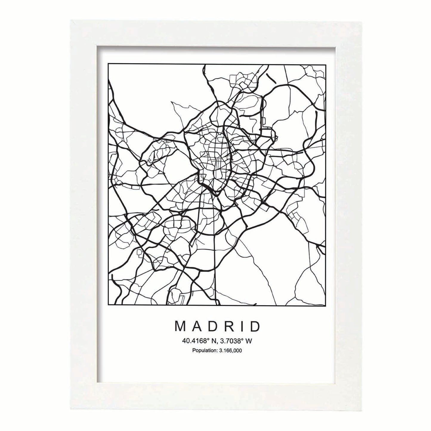 Lámina mapa de la ciudad Madrid estilo nordico en blanco y negro.-Artwork-Nacnic-A3-Marco Blanco-Nacnic Estudio SL