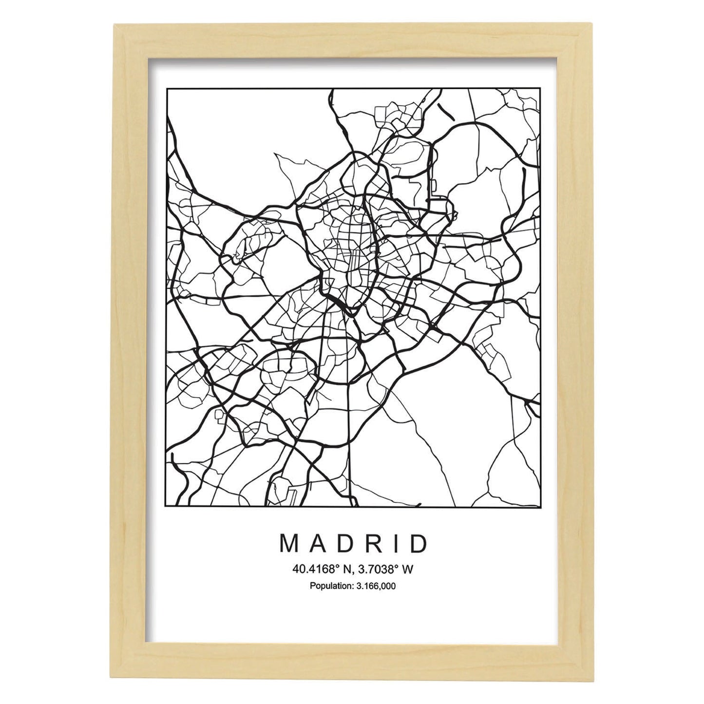 Lámina mapa de la ciudad Madrid estilo nordico en blanco y negro.-Artwork-Nacnic-A3-Marco Madera clara-Nacnic Estudio SL