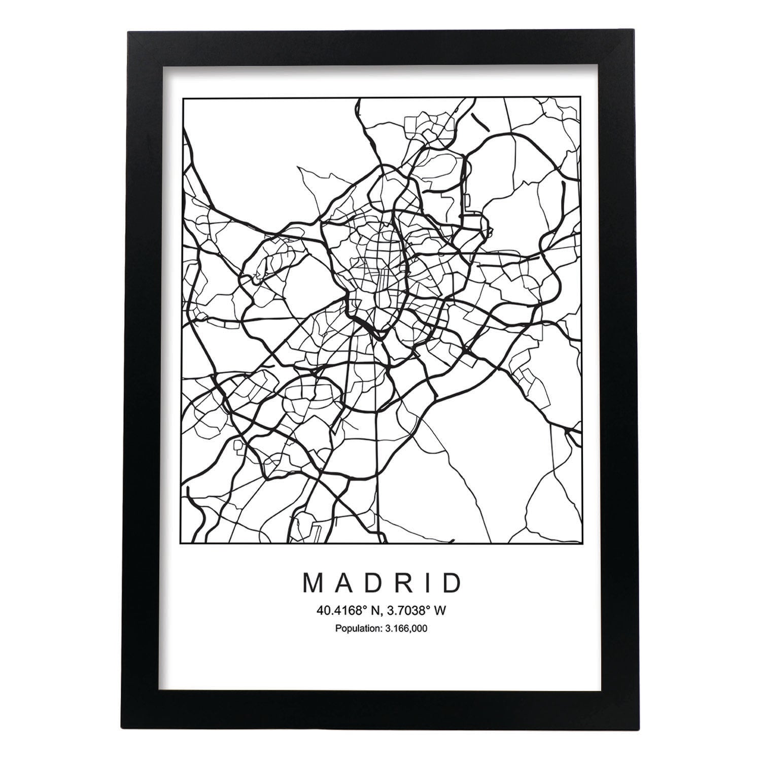 Lámina mapa de la ciudad Madrid estilo nordico en blanco y negro.-Artwork-Nacnic-A3-Marco Negro-Nacnic Estudio SL