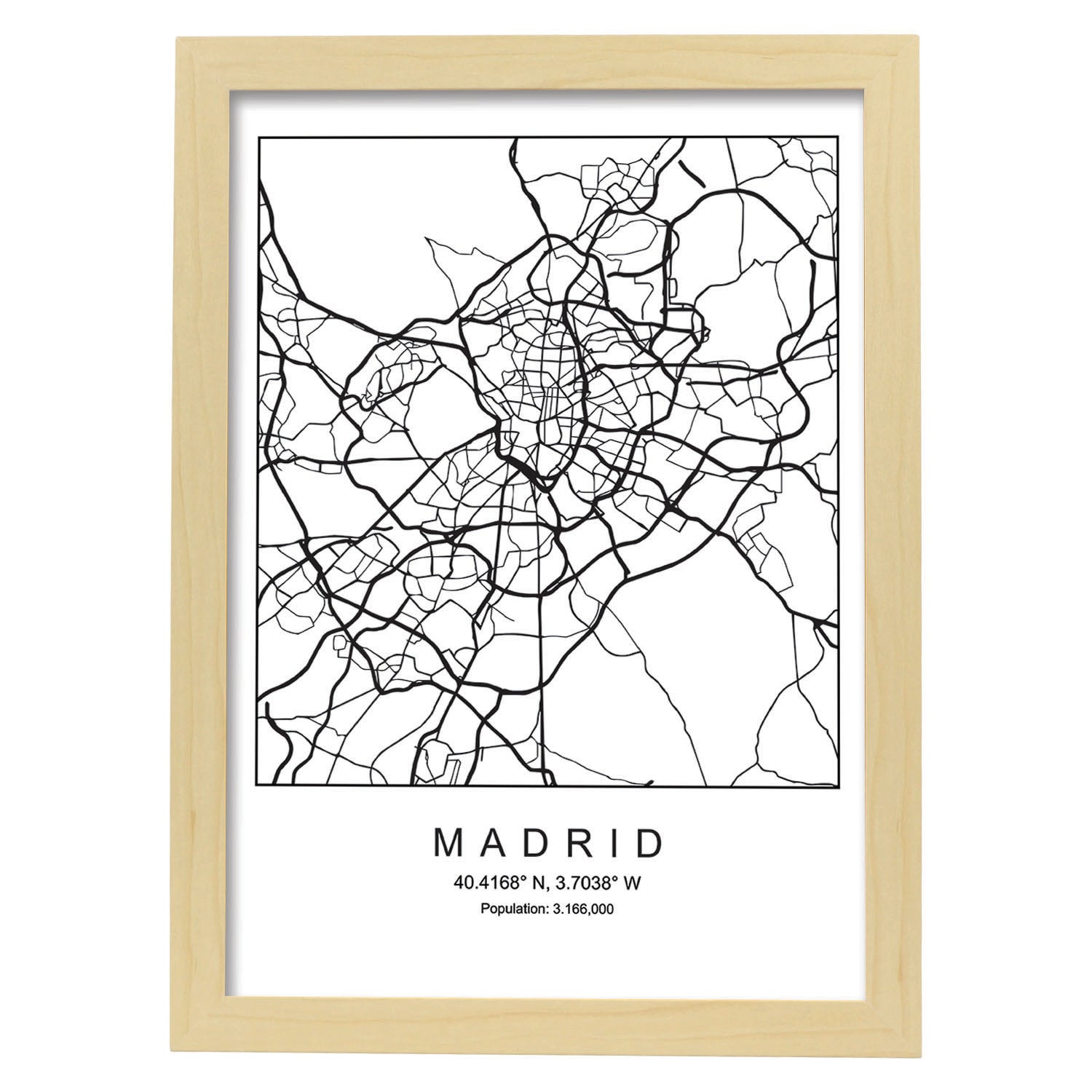 Lámina mapa de la ciudad Madrid estilo nordico en blanco y negro.-Artwork-Nacnic-A4-Marco Madera clara-Nacnic Estudio SL