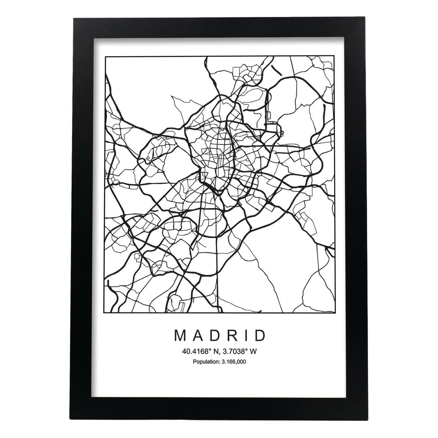 Lámina mapa de la ciudad Madrid estilo nordico en blanco y negro.-Artwork-Nacnic-A4-Marco Negro-Nacnic Estudio SL