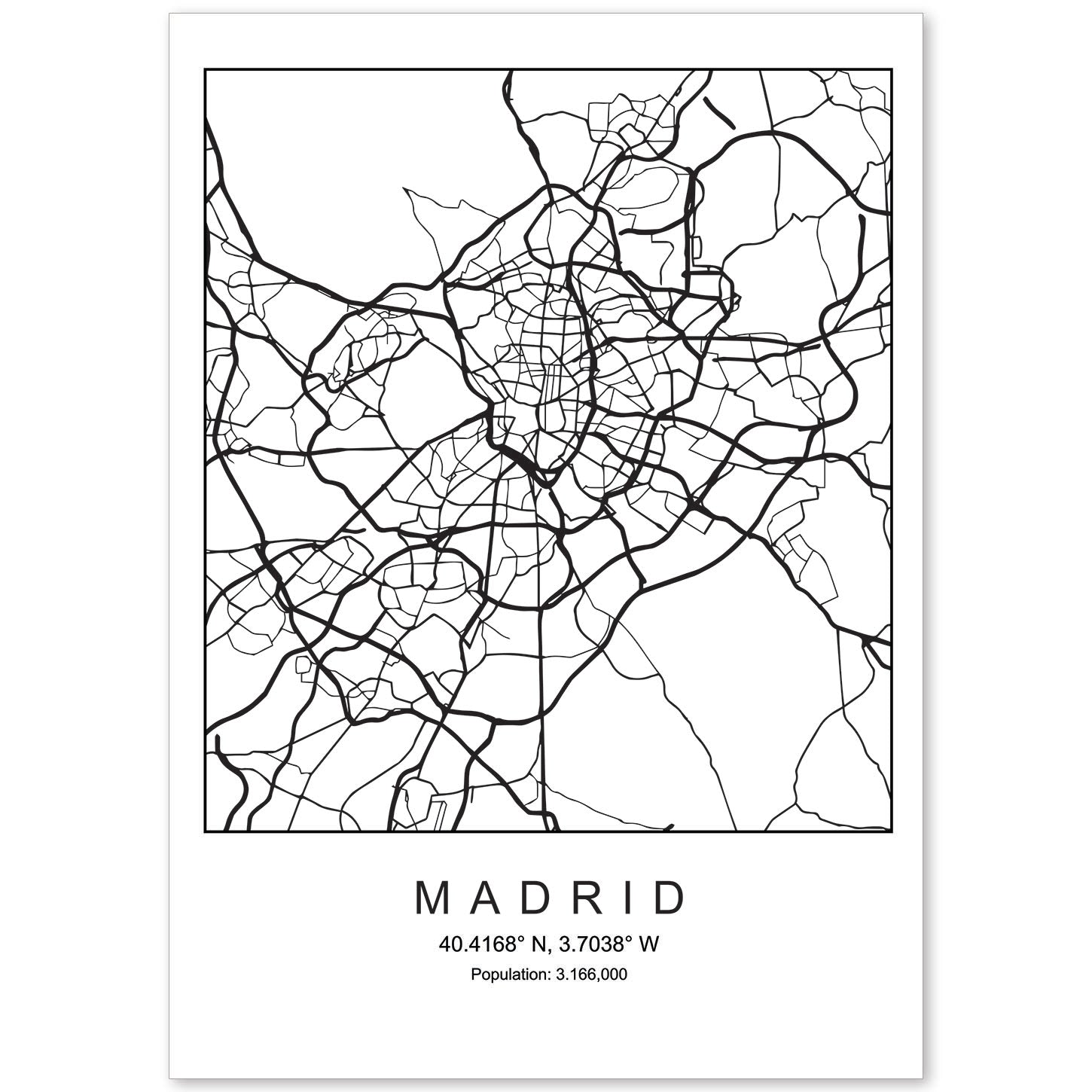 Lámina mapa de la ciudad Madrid estilo nordico en blanco y negro.-Artwork-Nacnic-A4-Sin marco-Nacnic Estudio SL