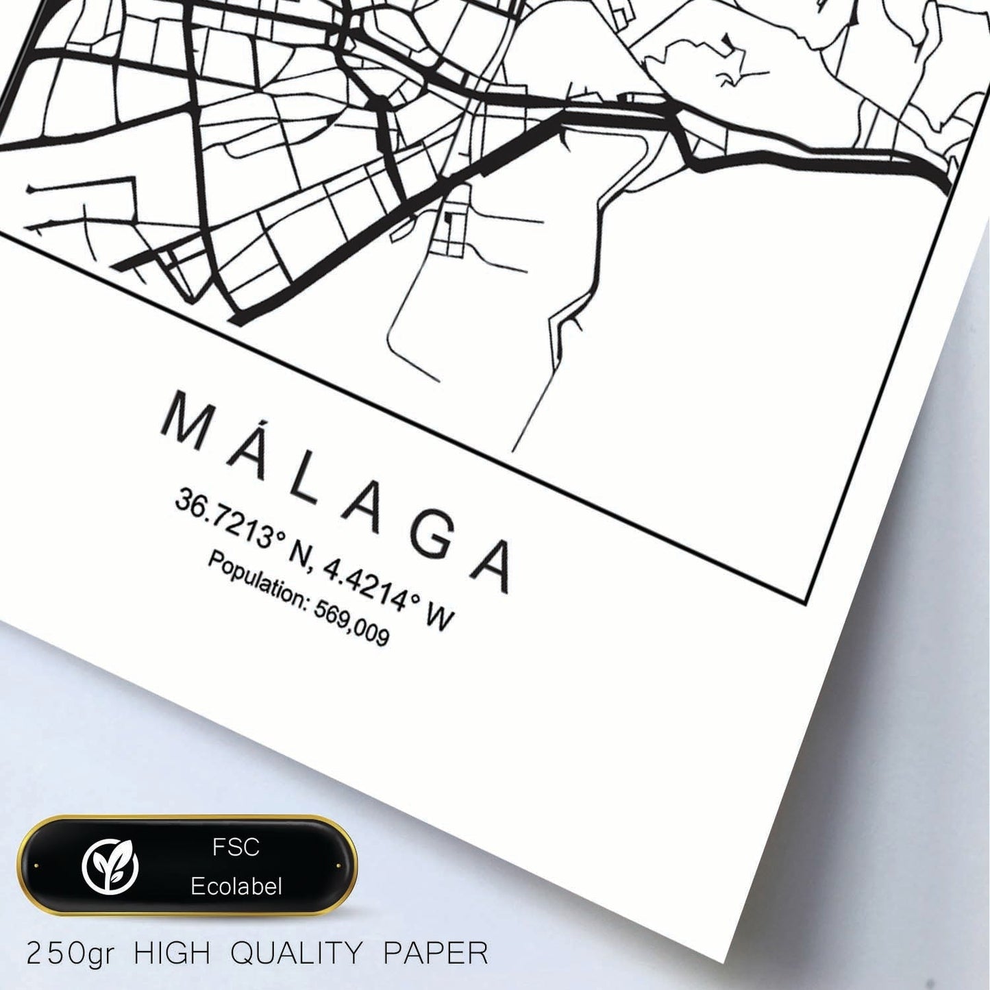 Lámina mapa de la ciudad Malaga estilo nordico en blanco y negro.-Artwork-Nacnic-Nacnic Estudio SL