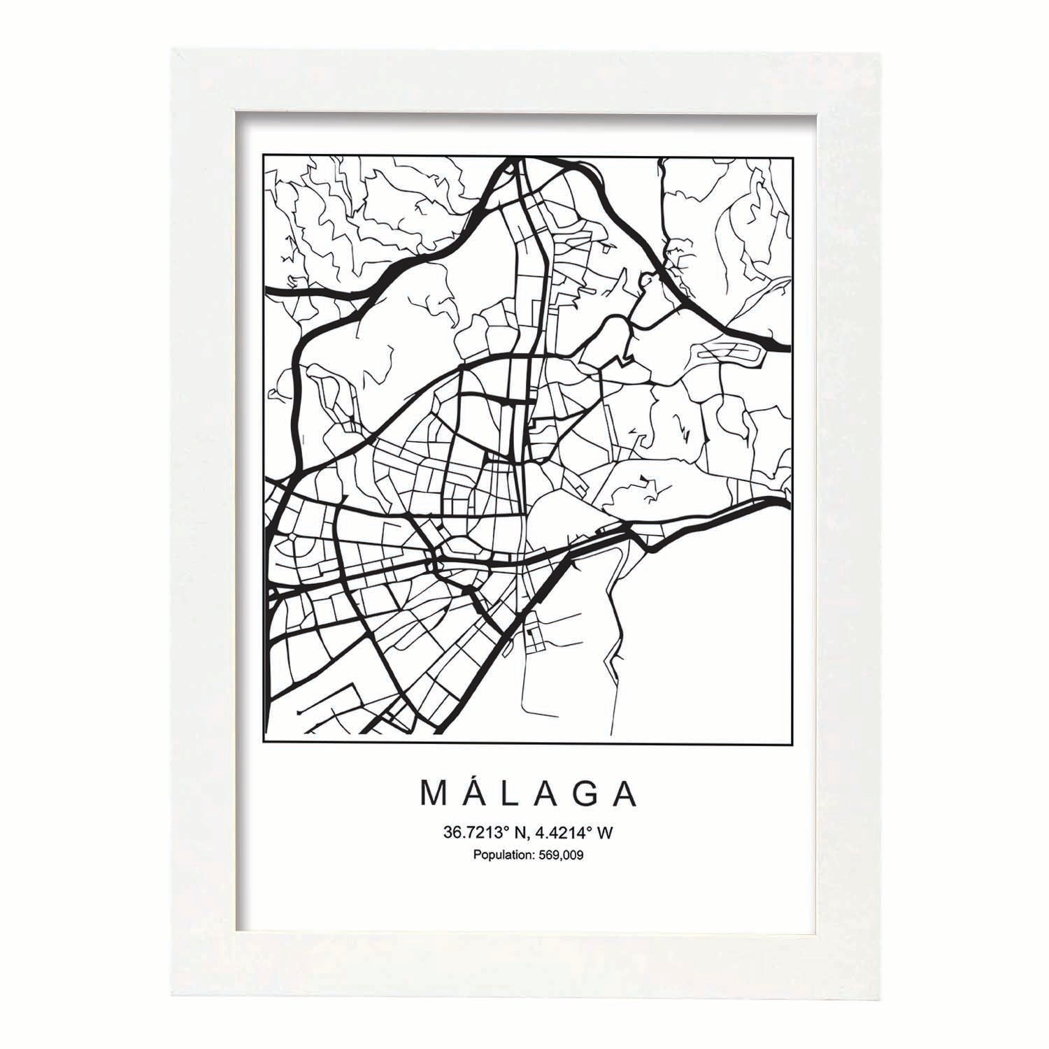 Lámina mapa de la ciudad Malaga estilo nordico en blanco y negro.-Artwork-Nacnic-A3-Marco Blanco-Nacnic Estudio SL