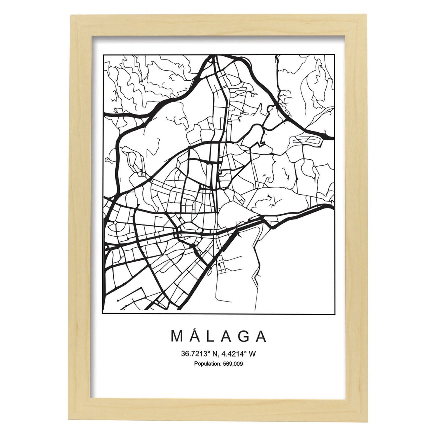 Lámina mapa de la ciudad Malaga estilo nordico en blanco y negro.-Artwork-Nacnic-A3-Marco Madera clara-Nacnic Estudio SL