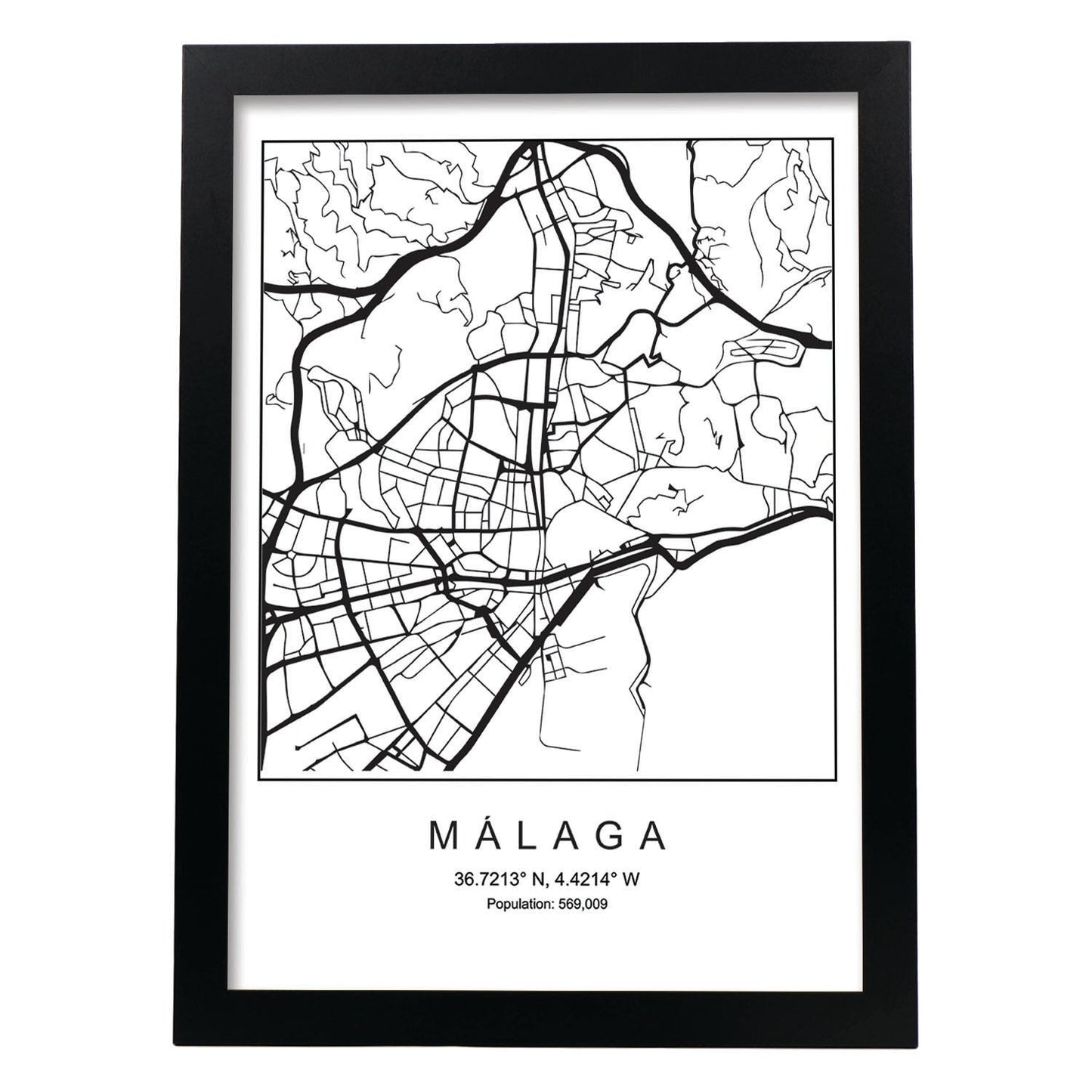 Lámina mapa de la ciudad Malaga estilo nordico en blanco y negro.-Artwork-Nacnic-A3-Marco Negro-Nacnic Estudio SL