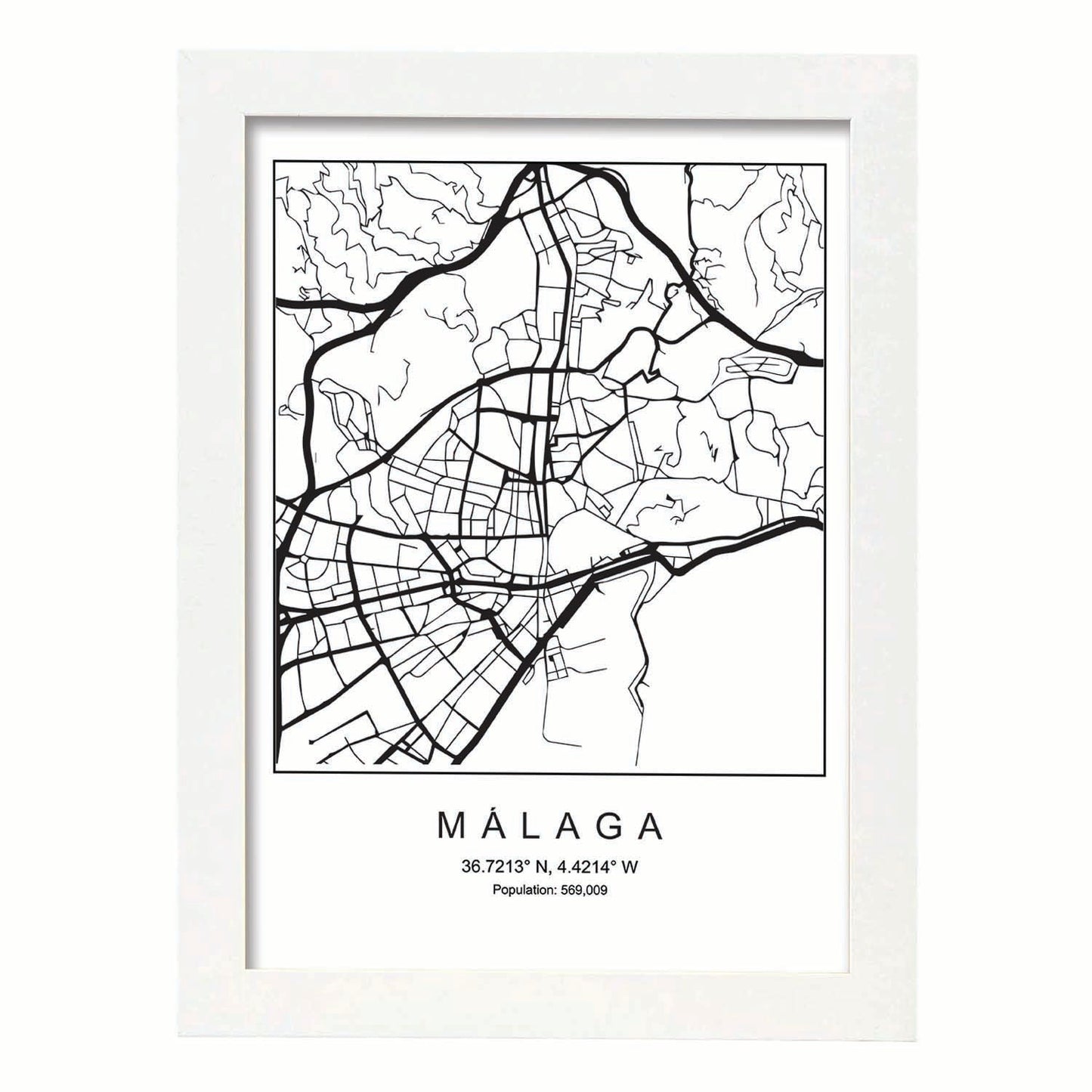 Lámina mapa de la ciudad Malaga estilo nordico en blanco y negro.-Artwork-Nacnic-A4-Marco Blanco-Nacnic Estudio SL