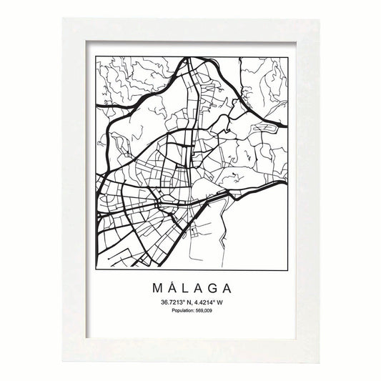 Lámina mapa de la ciudad Malaga estilo nordico en blanco y negro.-Artwork-Nacnic-A4-Marco Blanco-Nacnic Estudio SL