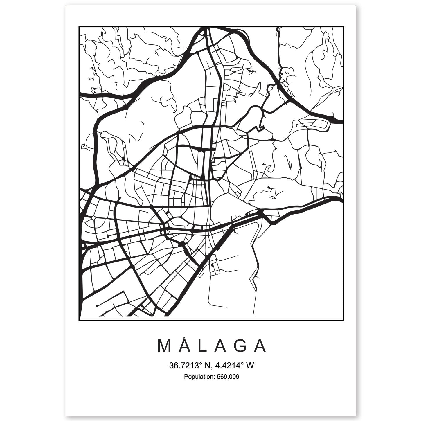 Lámina mapa de la ciudad Malaga estilo nordico en blanco y negro.-Artwork-Nacnic-A4-Sin marco-Nacnic Estudio SL