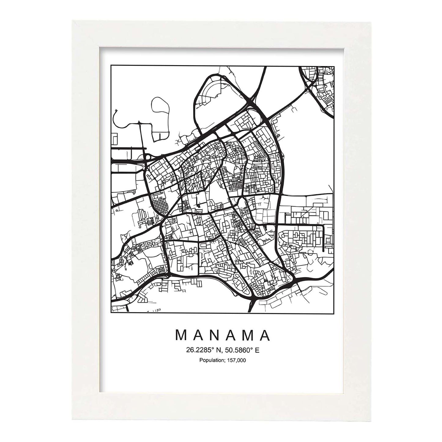 Lámina mapa de la ciudad Manama estilo nordico en blanco y negro.-Artwork-Nacnic-A3-Marco Blanco-Nacnic Estudio SL