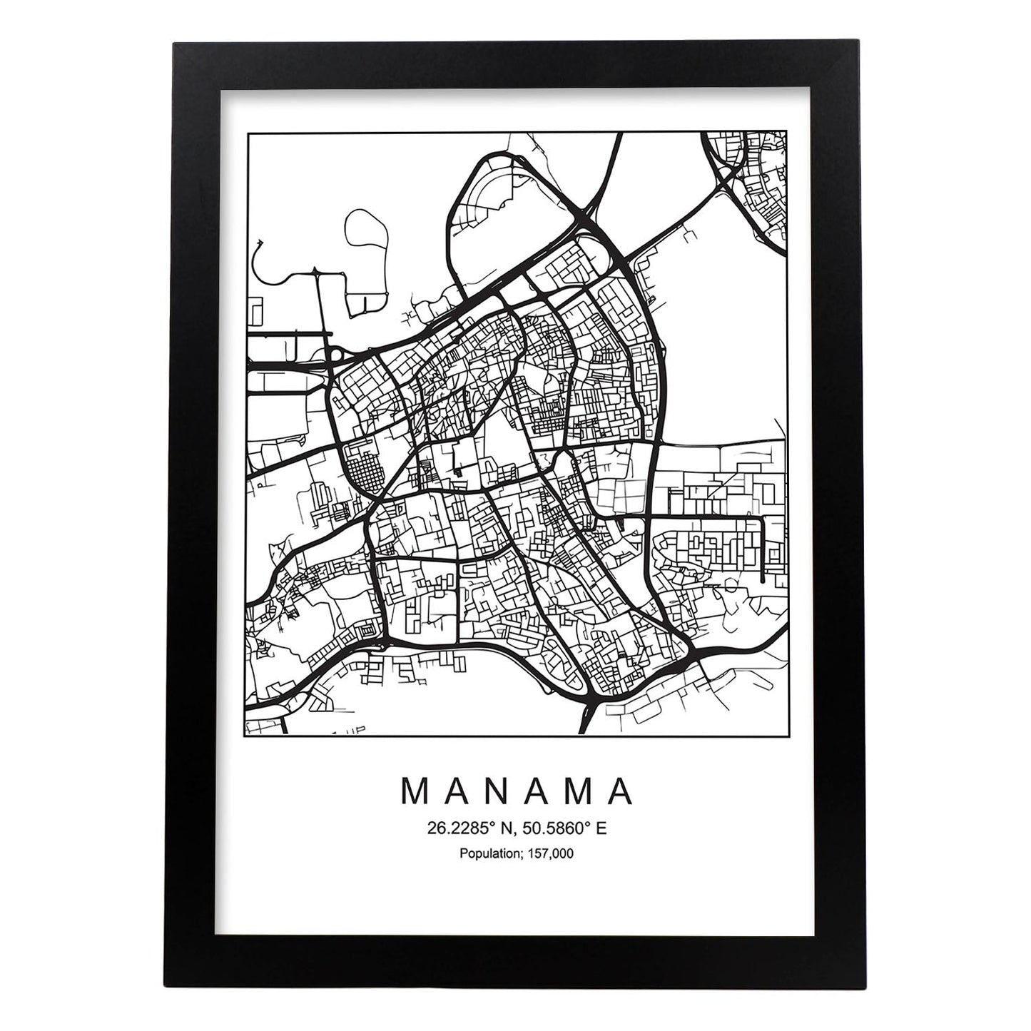 Lámina mapa de la ciudad Manama estilo nordico en blanco y negro.-Artwork-Nacnic-A3-Marco Negro-Nacnic Estudio SL