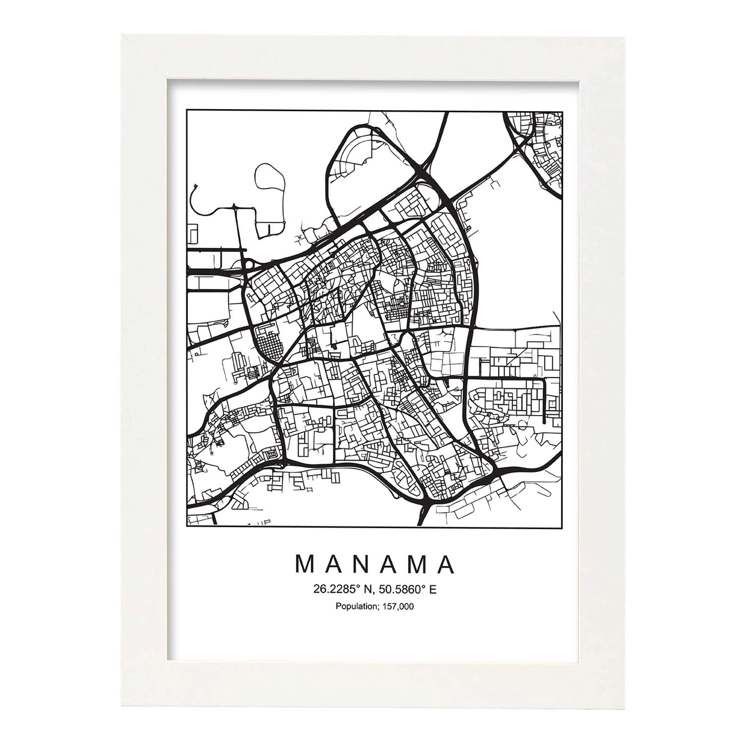 Lámina mapa de la ciudad Manama estilo nordico en blanco y negro.-Artwork-Nacnic-A4-Marco Blanco-Nacnic Estudio SL