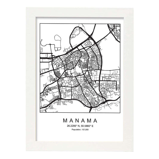 Lámina mapa de la ciudad Manama estilo nordico en blanco y negro.-Artwork-Nacnic-A4-Marco Blanco-Nacnic Estudio SL